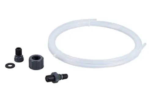Dosierventil mit PTFE-Schlauch, Zubehörteile sichtbar, geeignet für GP-Pumpe von Grünbeck, transparente Schlauchlänge etwa 3 m.